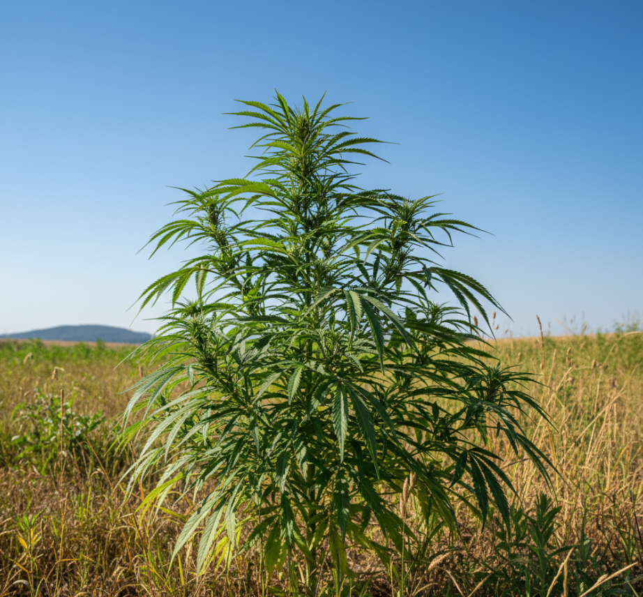 Healthy cannabis seedling emerging from organic soil with first true leaves