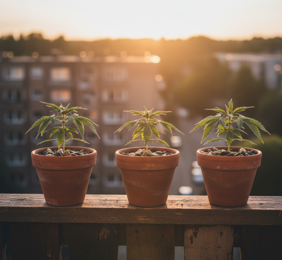 Cannabis plant in vegetative growth displaying vibrant green fan leaves